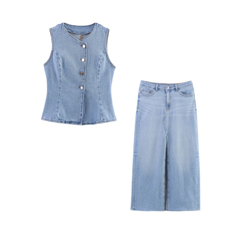 Light Blue Top Denim Buttoned Sleeveless Vest