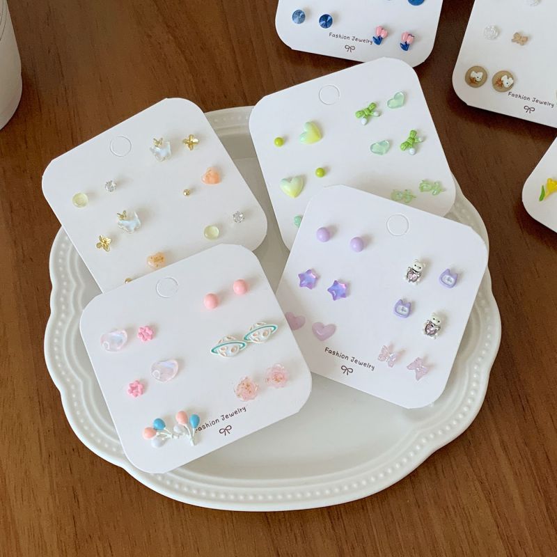 Juego De Pendientes De Aleación Con Forma De Alas De Amor Pez Flor Mariposa Y Conejo
