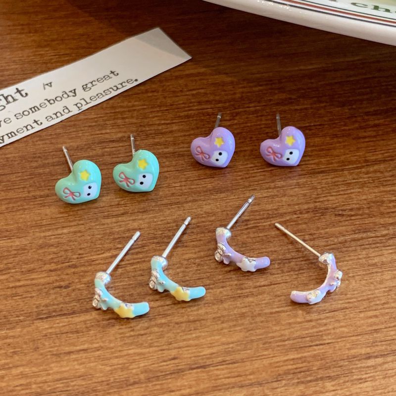 Purple Heart Bear [three Pairs] Alloy Heart Bear Earring Set