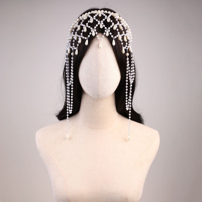 White Pearl Grid Tassel Forehead Necklace