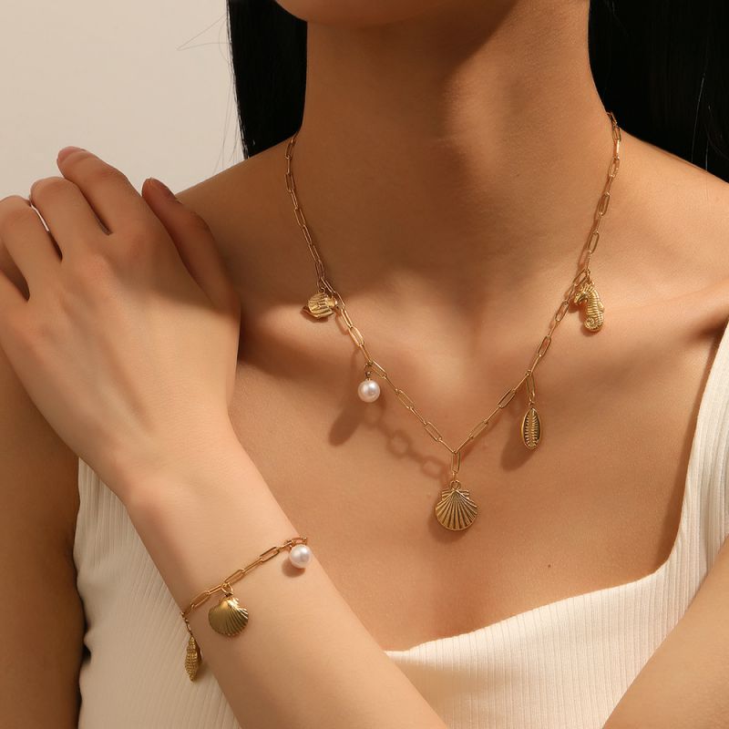 Clownfish Beach Set Titanium Steel Pearl Starfish Shell Turtle Dolphin Geometric Necklace Bracelet Set