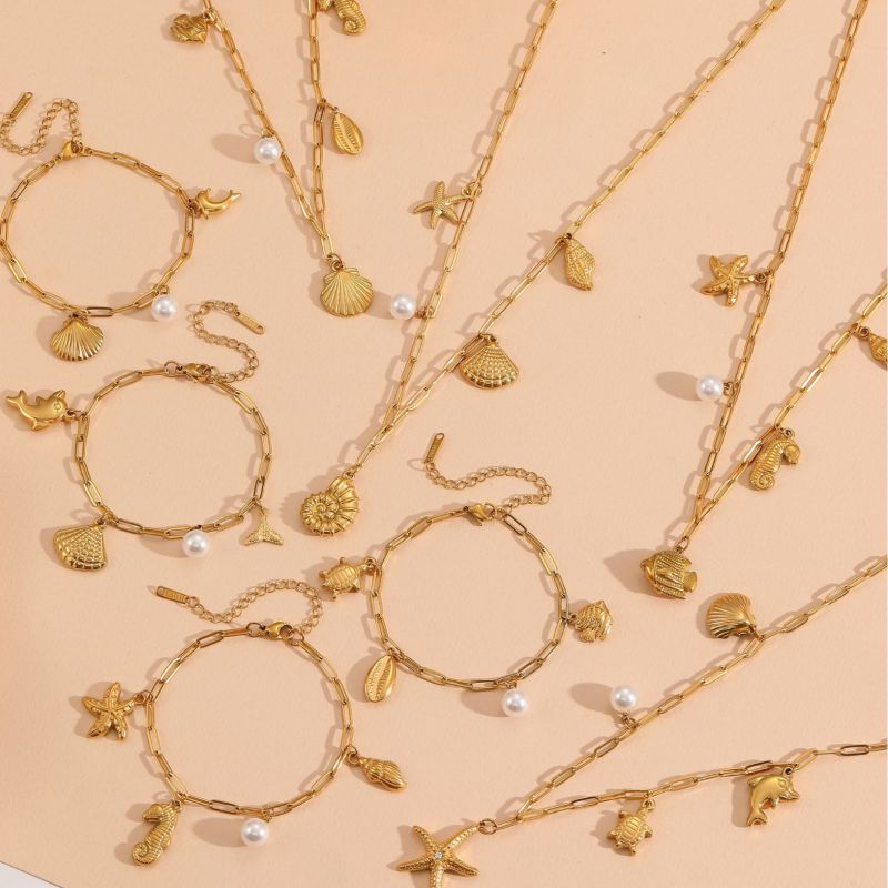 Starfish Clip Diamond Beach Set Titanium Steel Pearl Starfish Shell Turtle Dolphin Geometric Necklace Bracelet Set