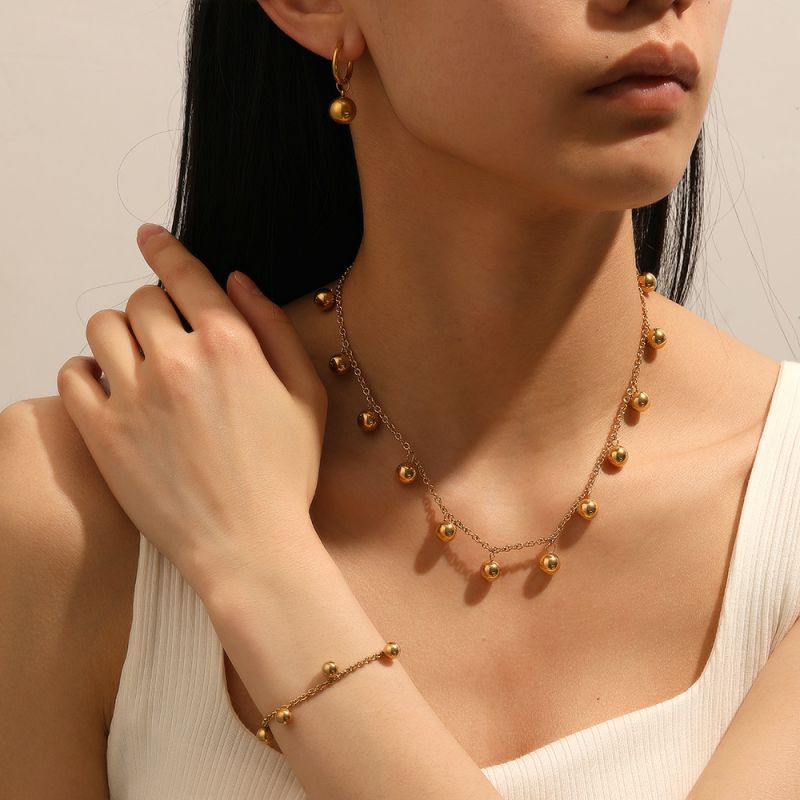 Steel Color Ball Set Titanium Steel Geometric Bead Necklace Bracelet Earrings Set