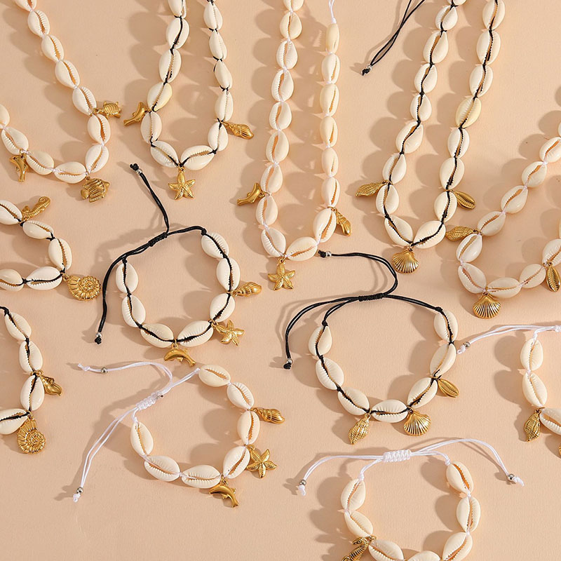 Conjunto De Collar Y Pulsera Geométrico Con Forma De Concha De Estrella De Mar Y Pez Pequeño De Acero De Titanio