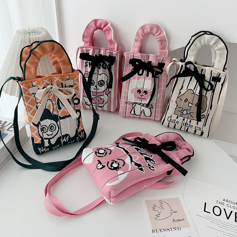 5# Pink Monster Cartoon Knitted Messenger Bag