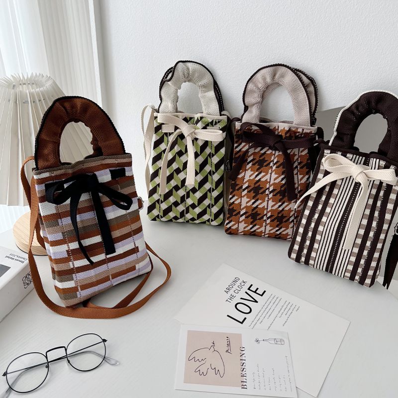 4# Brown Vertical Stripes Polyester Knit Crossbody Bag
