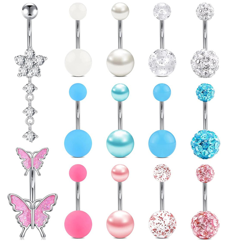 Silver Stainless Steel Diamond Flower Butterfly Ball Piercing Navel Nail Set
