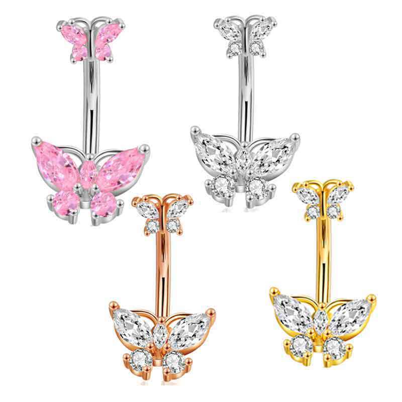 Silver Pink Zircon Single Stainless Steel Diamond Butterfly Piercing Belly Button Nail