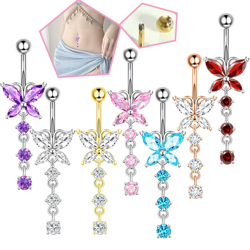 Rose Gold White Zircon One Stainless Steel Diamond Butterfly Piercing Belly Button Nail