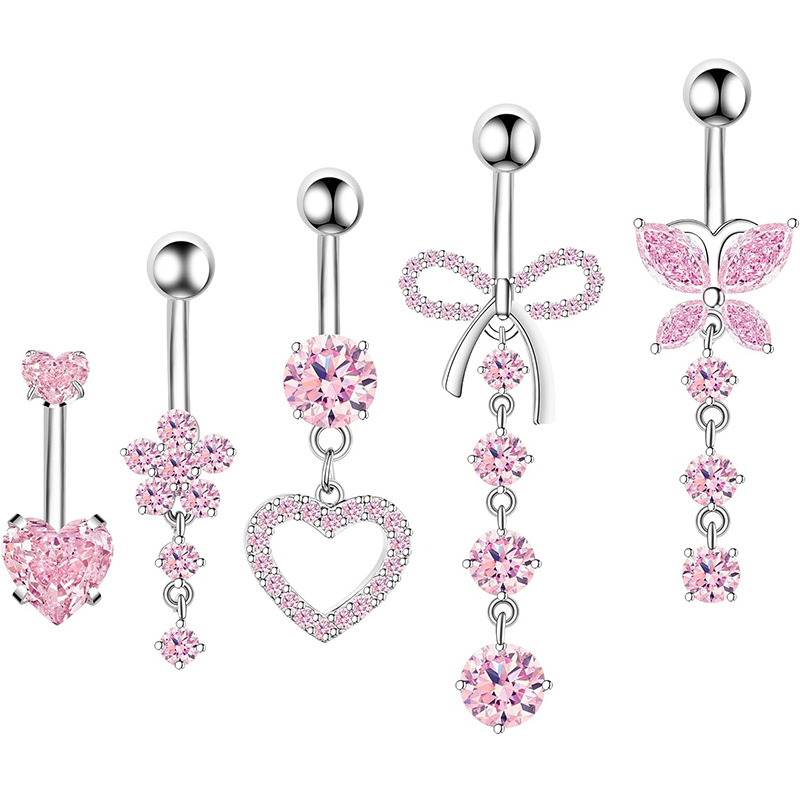 White Zirconium 5 Stainless Steel Diamond Heart Bow Butterfly Piercing Belly Button Nail Set