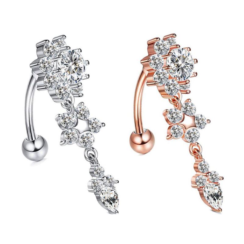 Rose Gold Single Stainless Steel Diamond Flower Piercing Belly Button Nail