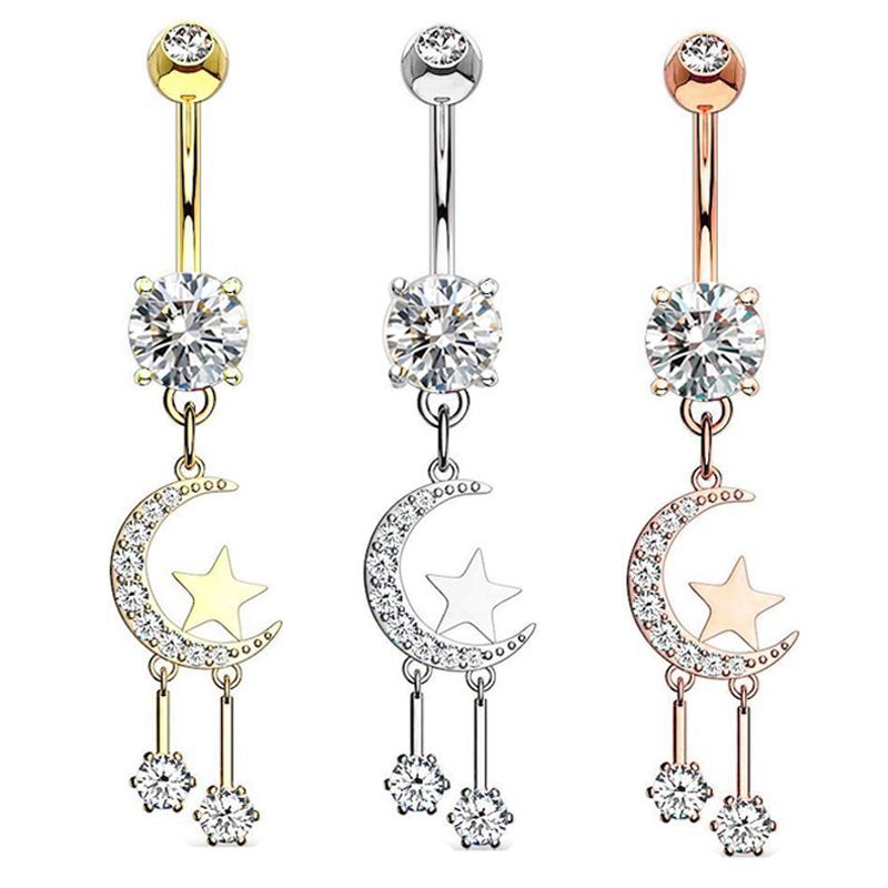 Rose Gold Single Stainless Steel Diamond Star Moon Piercing Navel Nail