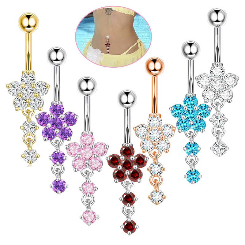 Rose Gold + White One Stainless Steel Diamond Flower Piercing Belly Button Nail