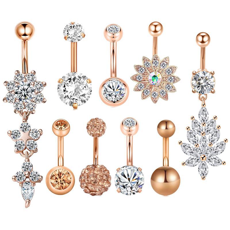 Piercing Para Ombligo Con Forma De Flor Y Bola De Diamante De Acero Inoxidable