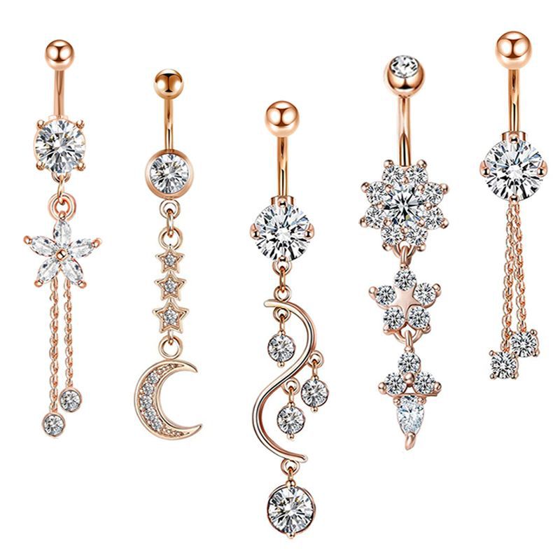 Piercing Geométrico Para Ombligo De Acero Inoxidable Con Forma De Estrella Luna Y Flor De Diamante.