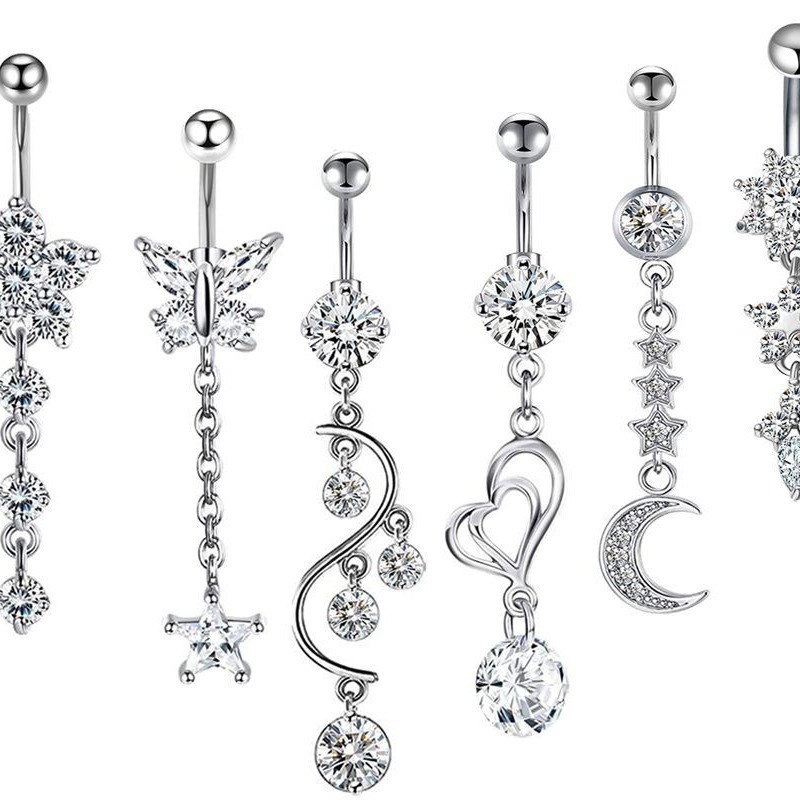 Piercing Geométrico De Acero Inoxidable Con Forma De Corazón Mariposa Y Luna Con Diamantes Para El Ombligo.
