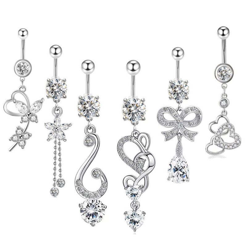 Juego De Piercings Para Ombligo En Acero Inoxidable Con Forma De Corazón Mariposa Y Lazo Con Diamantes