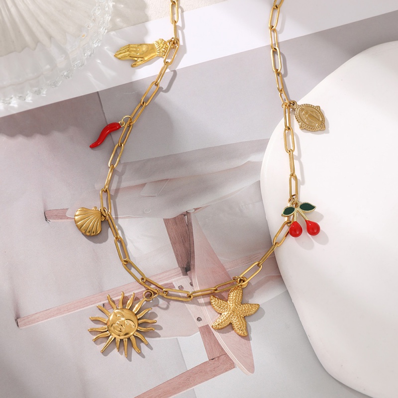 Collar De Acero De Titanio Con Sol Estrella De Mar Y Cereza