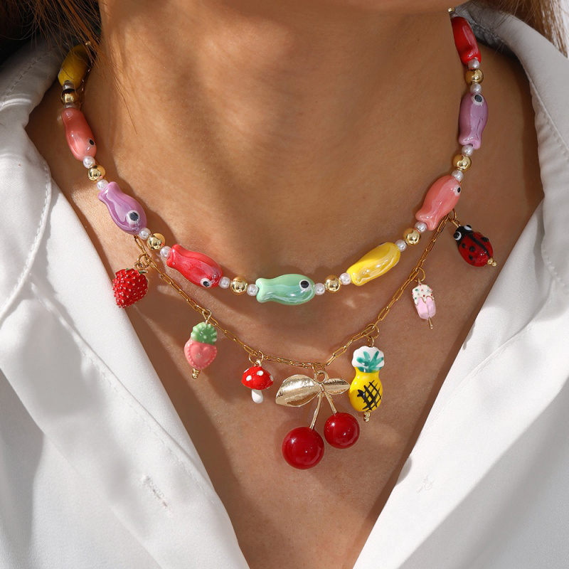 Gold Titanium Steel Oil Drop Strawberry Mushroom Cherry Necklace