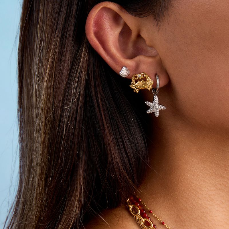 Gold And Silver Stainless Steel Diamond Crab Starfish Shell Earring Set