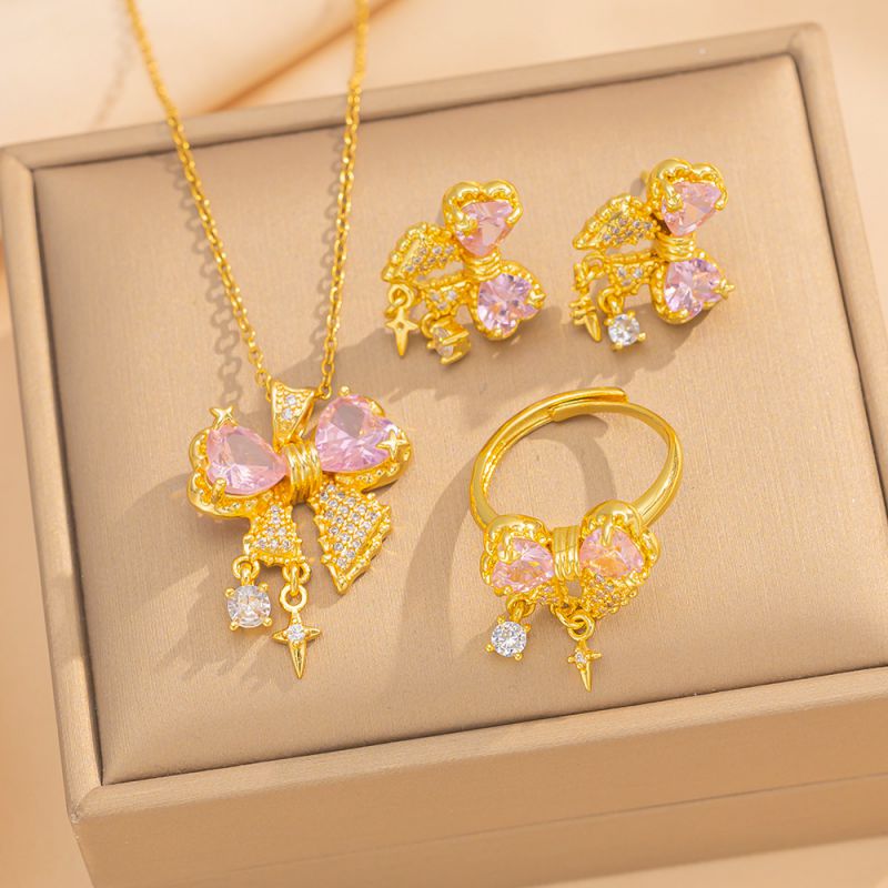 Conjunto De Collar Anillo Y Pendientes Con Lazo De Diamantes De Cobre