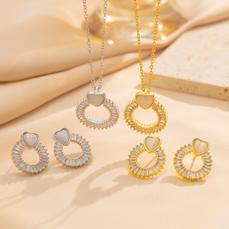 Silver Set Titanium Steel Diamond Heart Round Necklace And Earrings Set
