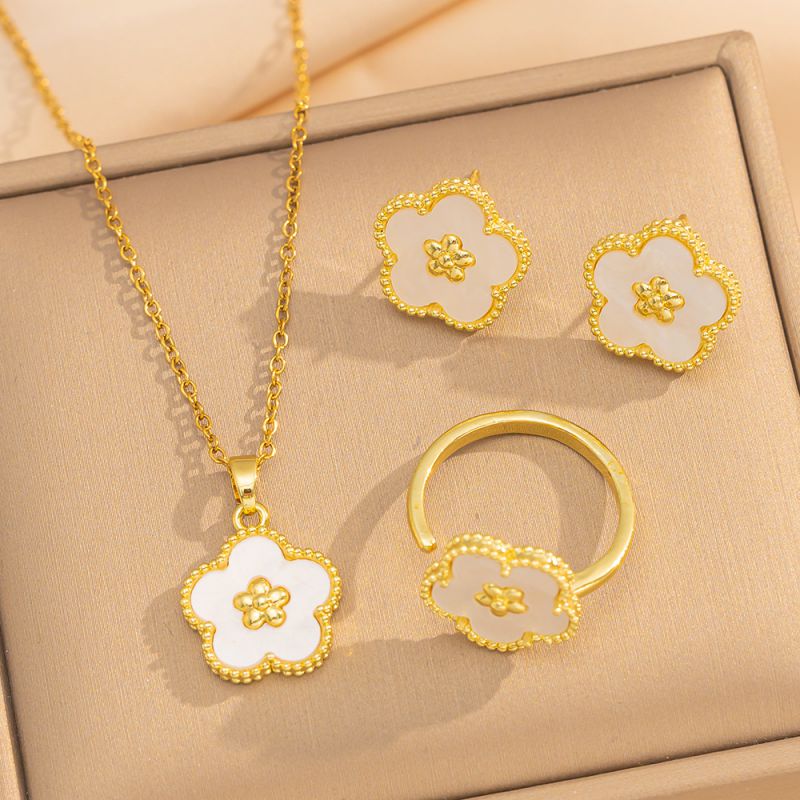 Gold And Black Plum Blossom Three-piece Set Copper Flower Necklace Earrings Ring Set