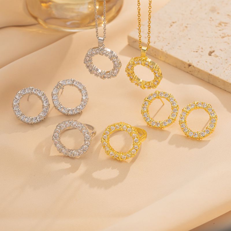 Golden Chanel Style Set Titanium Steel Diamond Round Necklace Earrings Ring Set