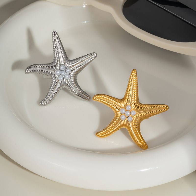 Silver Stainless Steel Starfish Pearl Ring