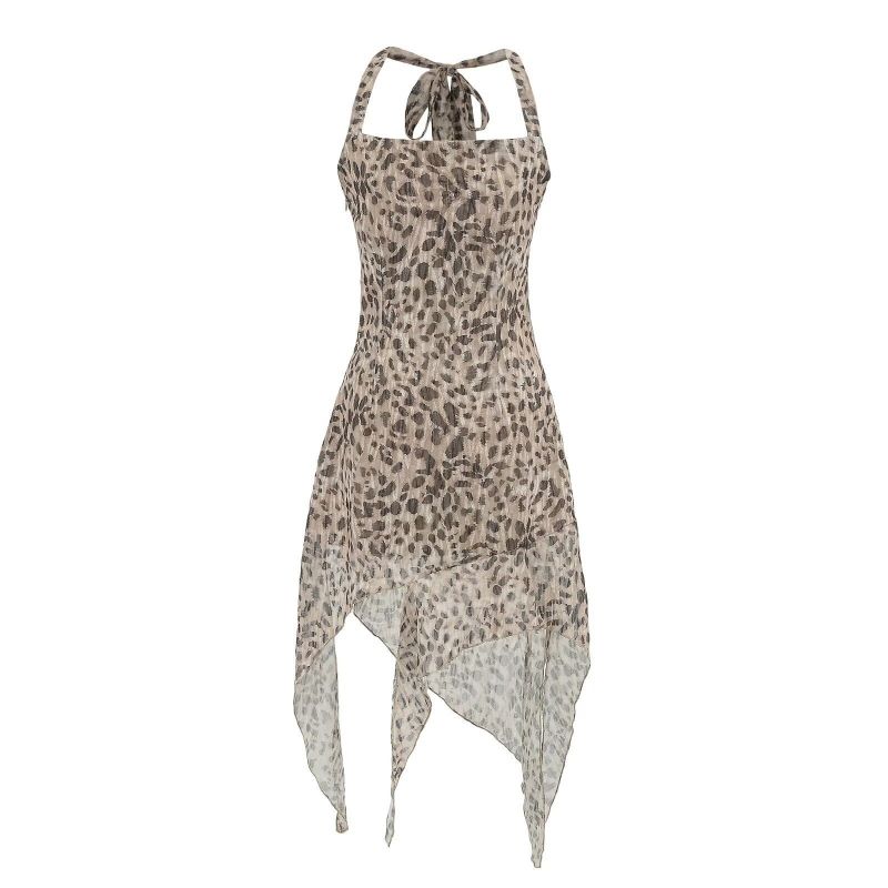 Falda Irregular De Cuello Halter Con Estampado De Leopardo De Poliéster