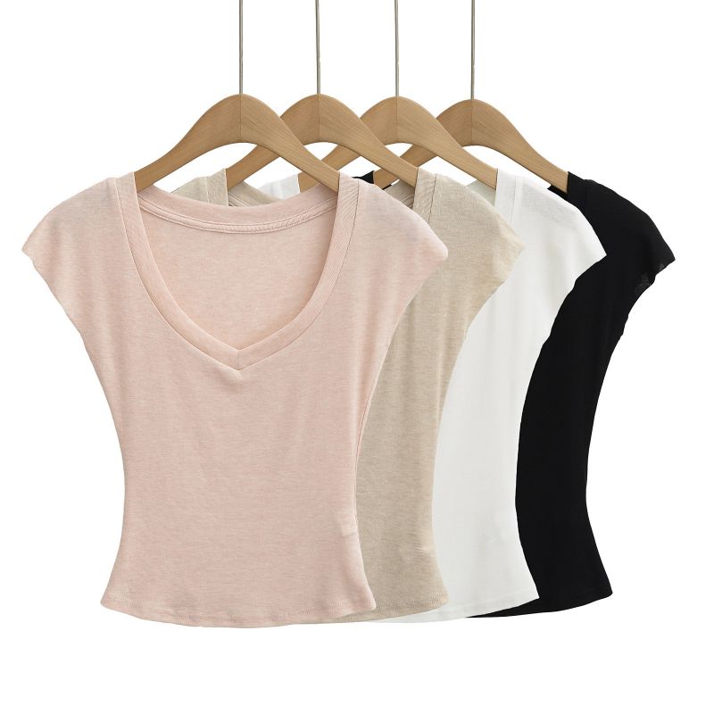 Cuello En V De Manga Corta Con Microtransparencia De Tencel