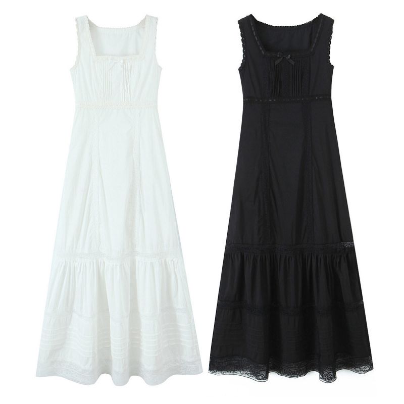 Vestido Largo De Encaje Con Escote Cuadrado De Algodón
