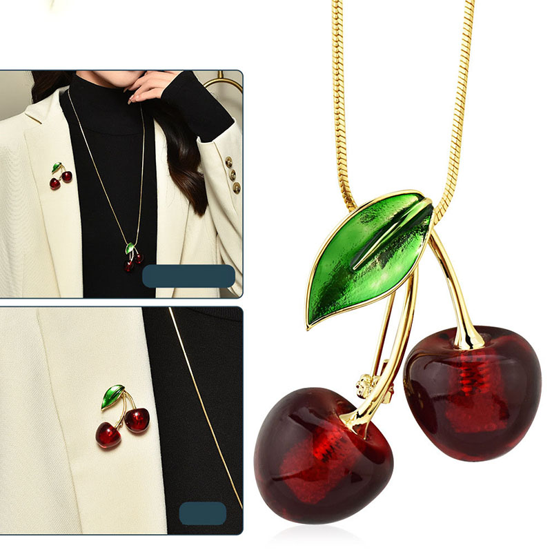 Two Cherry Sweater Chains Crystal Cherry Necklace
