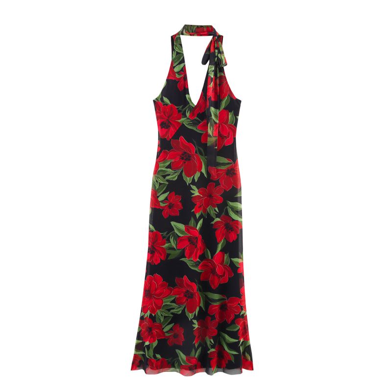 Vestido Largo Con Cuello Halter Y Estampado De Malla