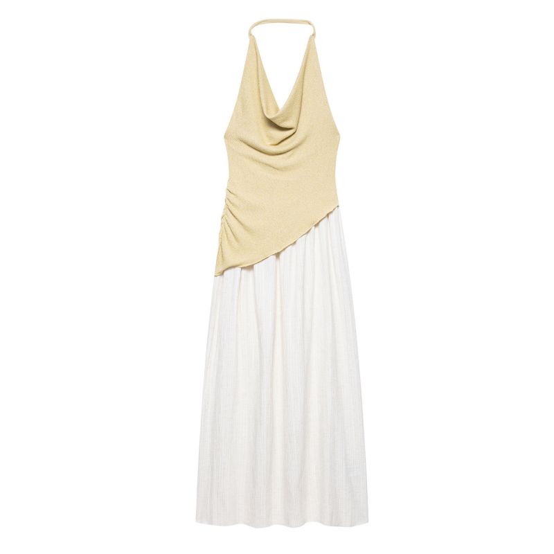 Vestido Largo Plisado Con Cuello Halter Combinado