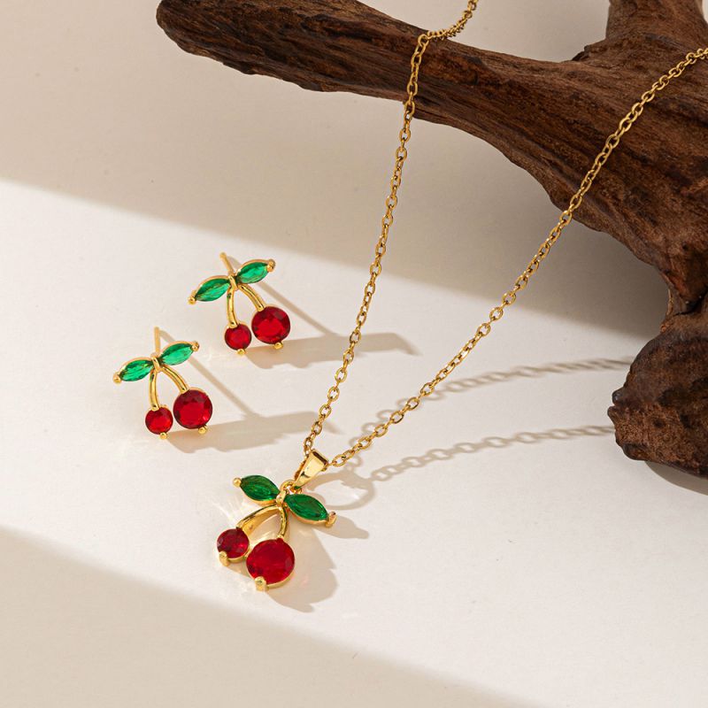 【copper Pendant】big And Small Cherry Set Gold Titanium Steel Diamond Cherry Necklace And Earrings Set