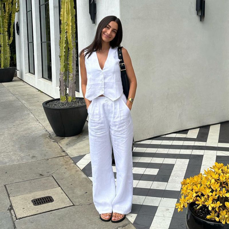 Conjunto De Chaleco Y Pantalón Sin Mangas De Algodón Y Lino
