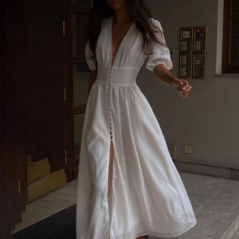 Vestido Largo Con Abertura Y Mangas Abullonadas