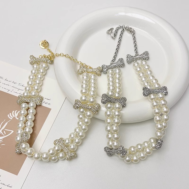 Pulsera Doble De Hueso Con Diamantes Y Cuentas De Perla