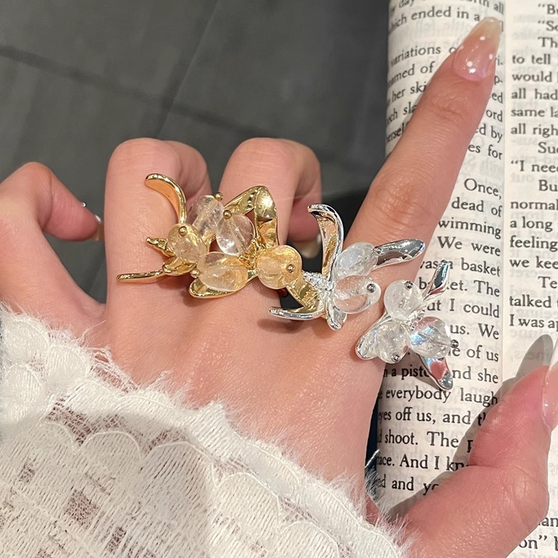 Gold Crystal Cluster Flower Open Ring