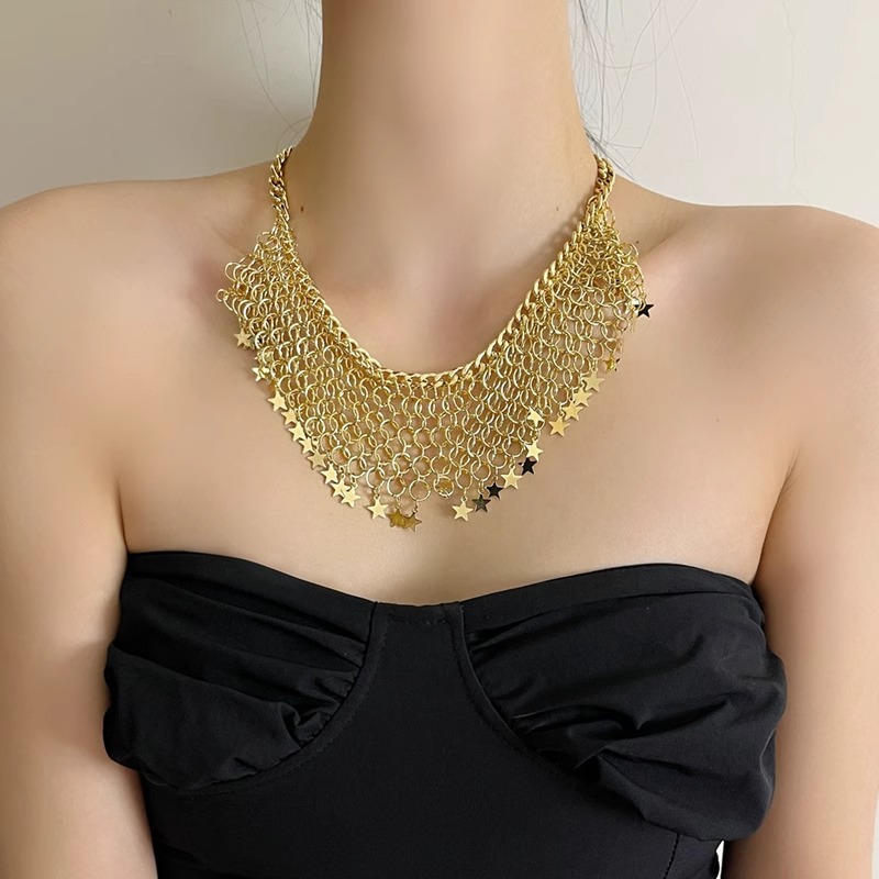 Gold Multi-layered Mesh Tassel Pentagram Necklace