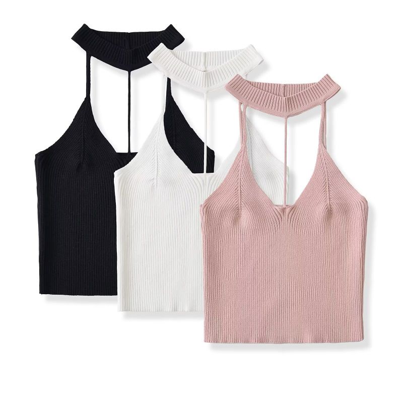 Pink Halter Neck Hollow Knit Vest