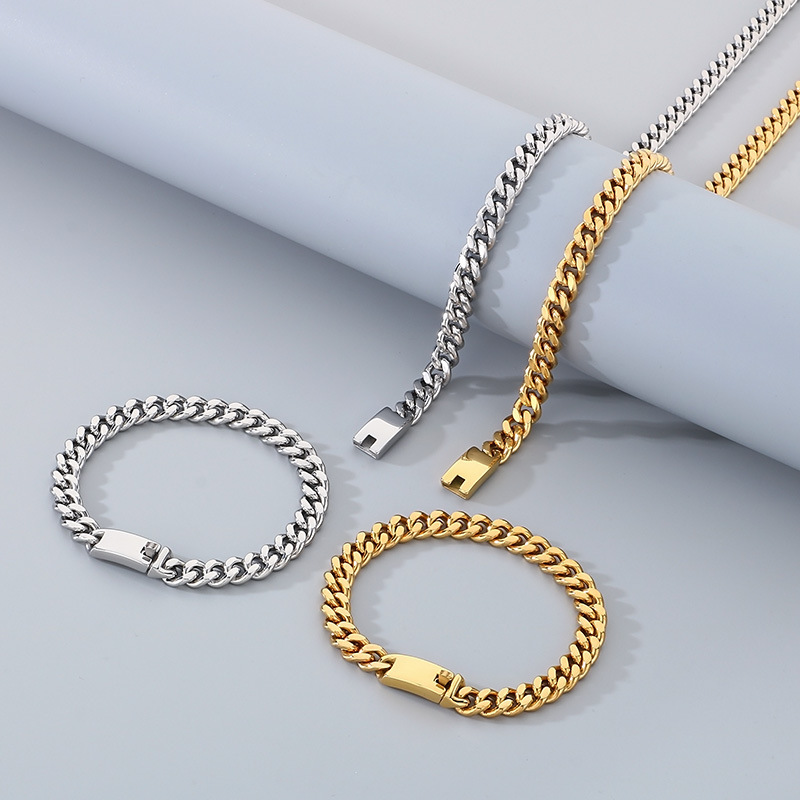 Gold Titanium Steel Geometric Chain Men's Necklace Bracelet