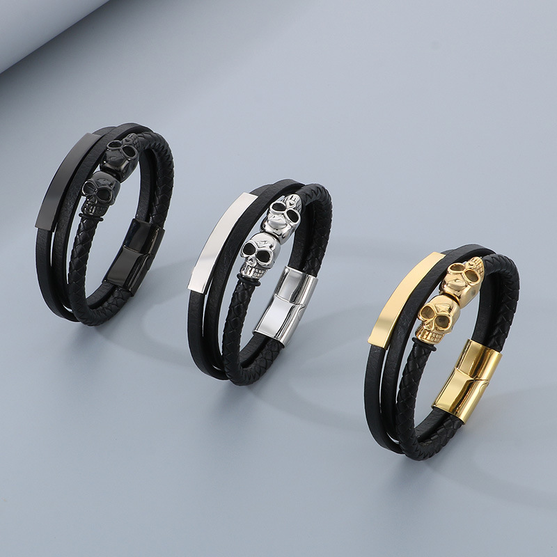 Black Stainless Steel Skull Men's Multi-layer Leather Bracelet