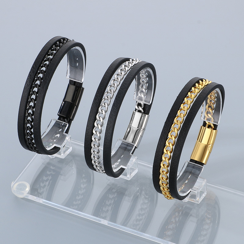 Black Multi-layered Braided Leather Bracelet For Men