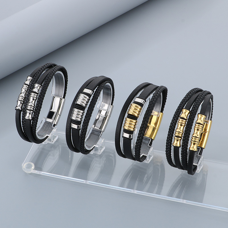 B Steel Color Multi-layered Leather Braided Bracelet For Men