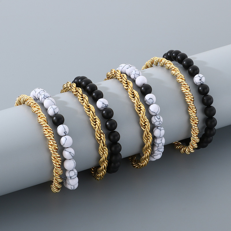 D Steel Color As Shown Agate Beaded Twisted Chain Stainless Steel Men's Double Bracelet