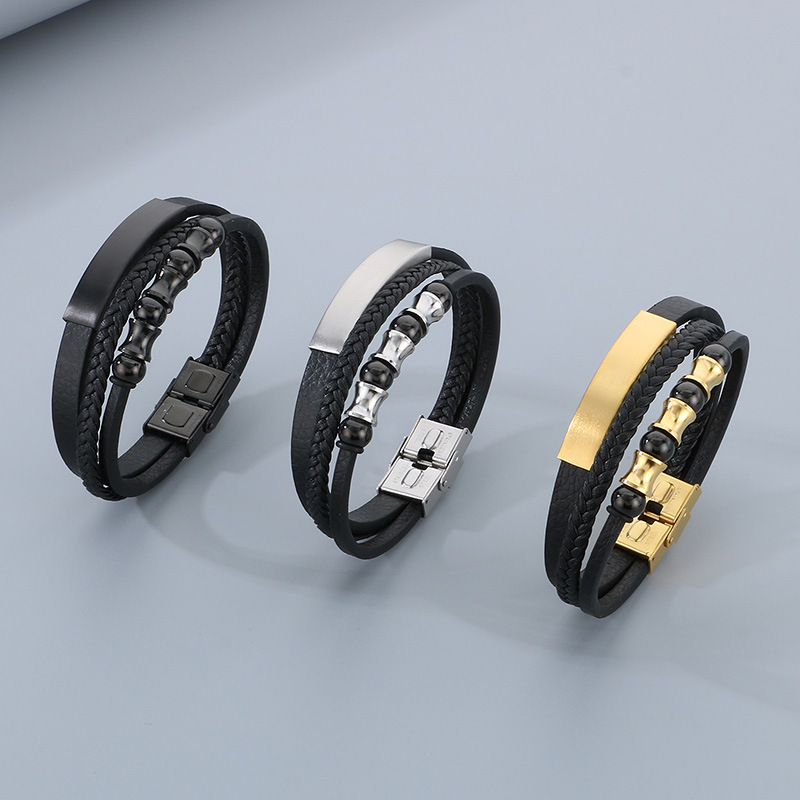Black Stainless Steel Multi-layer Braided Curved Plate Men's Bracelet