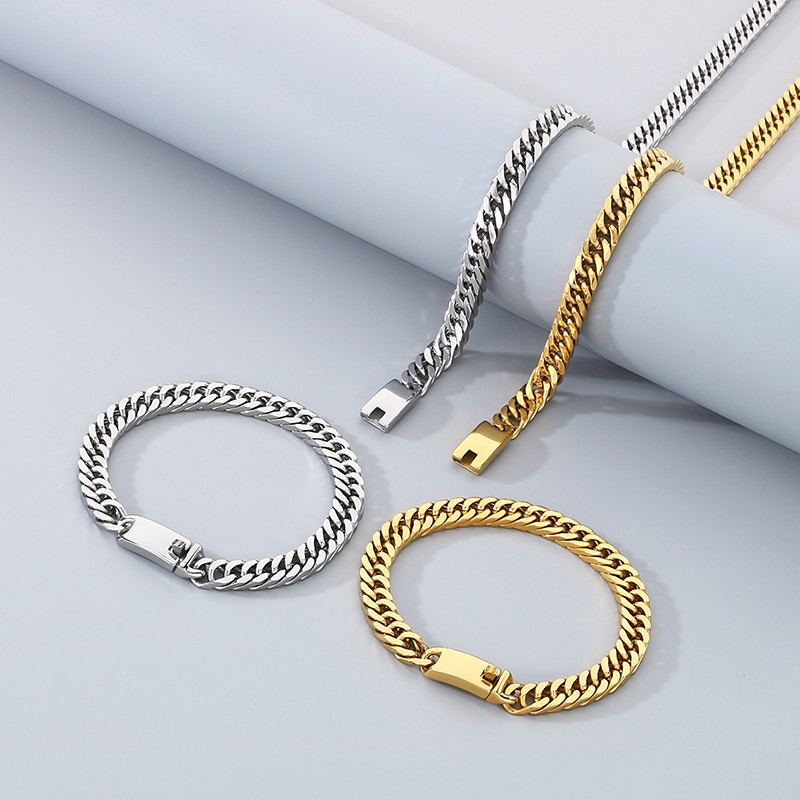 Gold Titanium Steel Geometric Chain Men's Necklace Bracelet