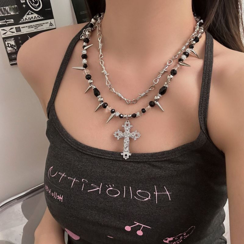 Punk Cross Necklace Alloy Cross Double Layer Necklace